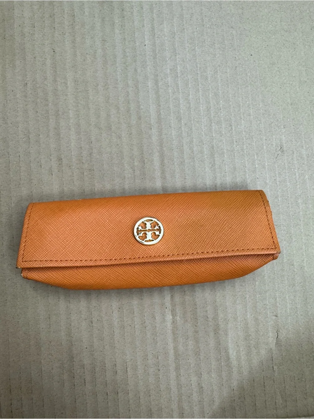 Tory Burch Orange Saffiano Leather Sunglass Case with Gold Logo
